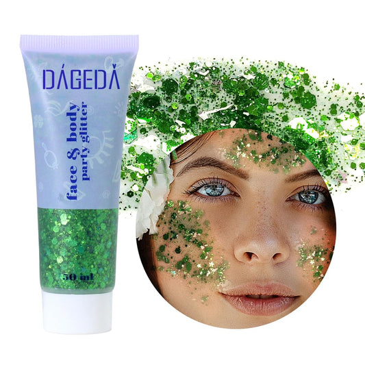 DAGEDA Green Body Glitter Gel, St Patricks Day Face Glitters Body Sequins Shimmer, Chunky Glitter for Face Hair Nails, Mardi Gras Decorations Festival Glitter Makeup 50ml