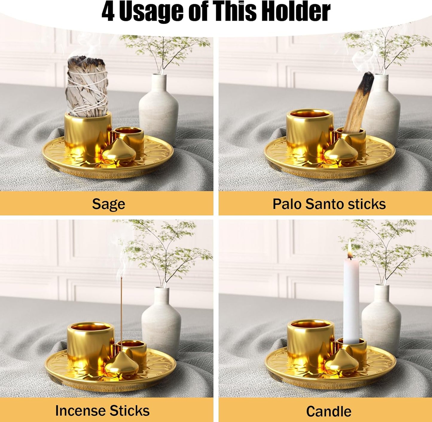 Palo Santo Holder - 4 in 1 Incense & Candle Holder - Ceramic Incense Holder Ash Catcher Tray for Meditation Room - Easy to Clean (Gold)