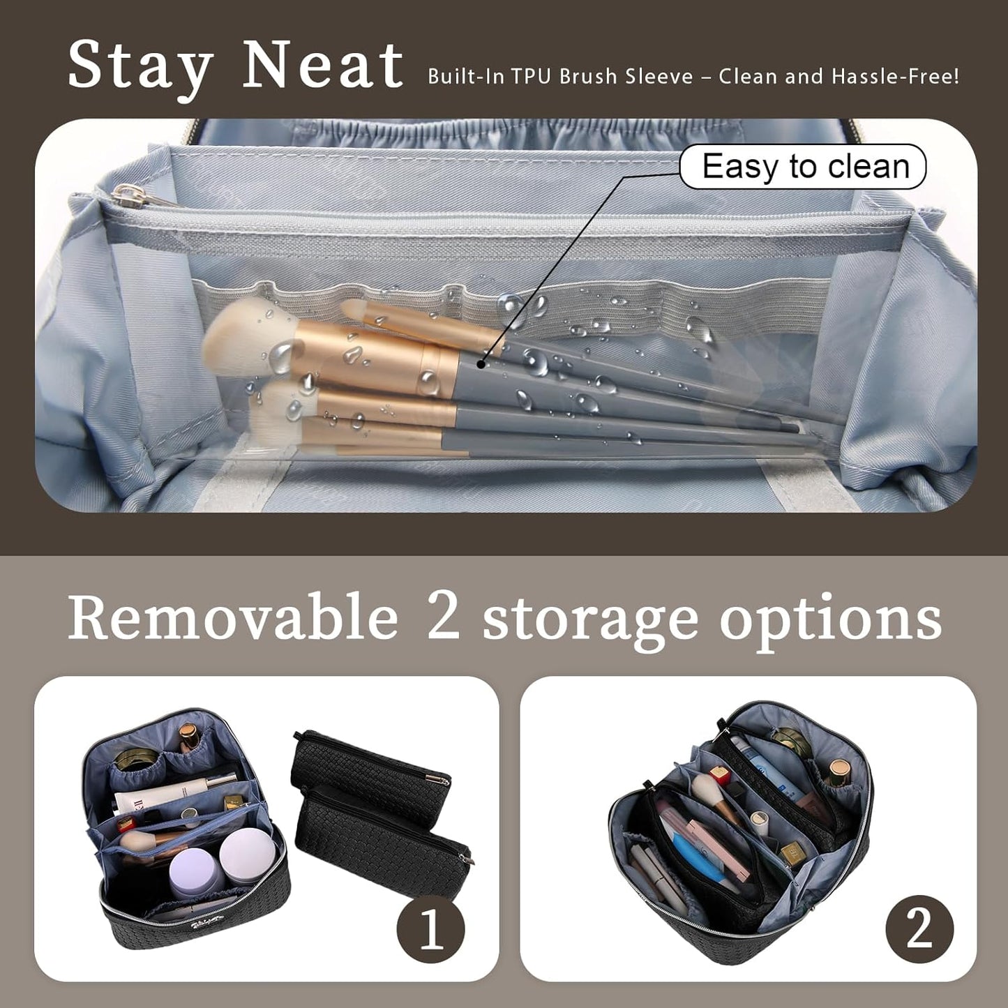 BOYATU Travel Makeup Bags for Women: 3-Set Large Capacity Make up Bags with Compartments - PU Leather Cosmetic Bag for Traveling (L15 Black)