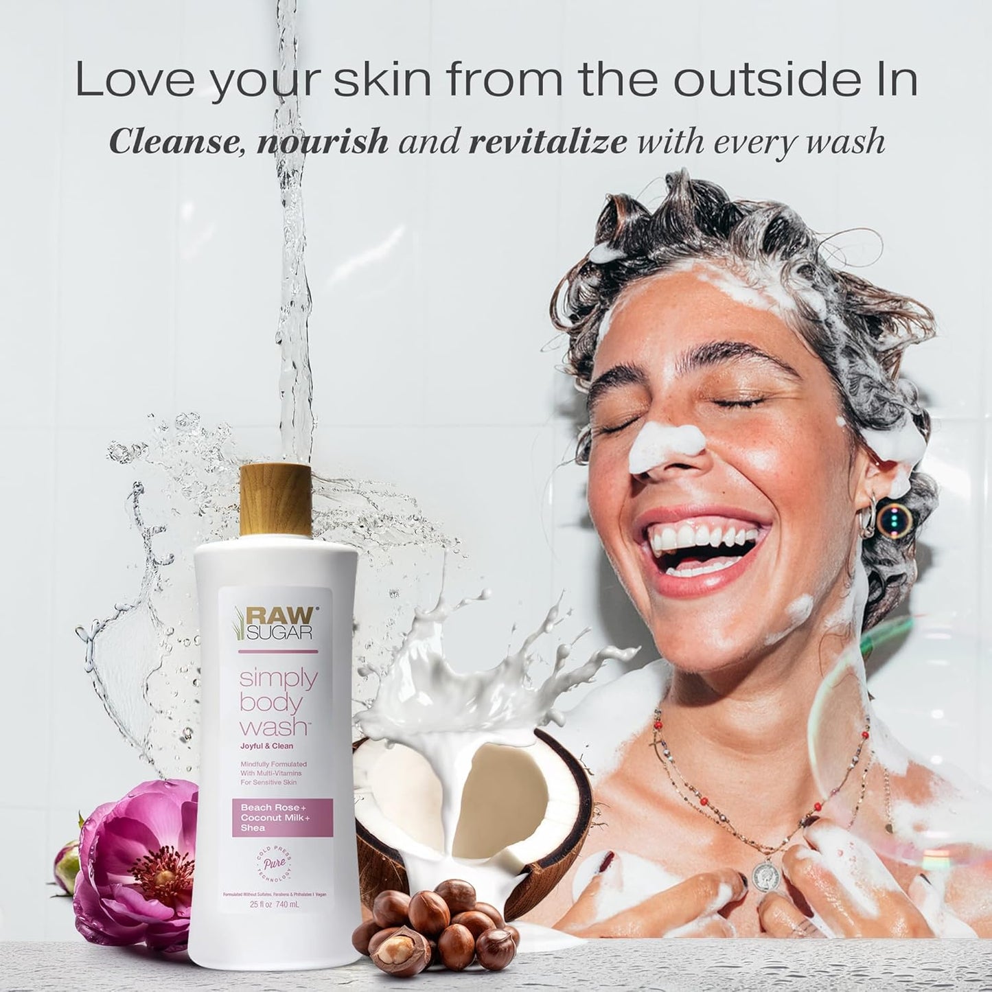 RAW SUGAR Simply Body Wash, Beach Rose + Coconut Milk + Shea (25 Fl Oz, Pack of 3) Sensitive Skin Bath Soap, Formulated without Sulfates & Parabens…