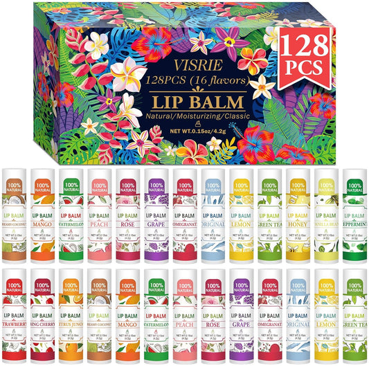 128 Pack Lip Balm, Natural Lip Balm Bulk with Vitamin E and Coconut Oil, Bulk Moisturizing Lip Balms for Dry Lips-16 Flavors