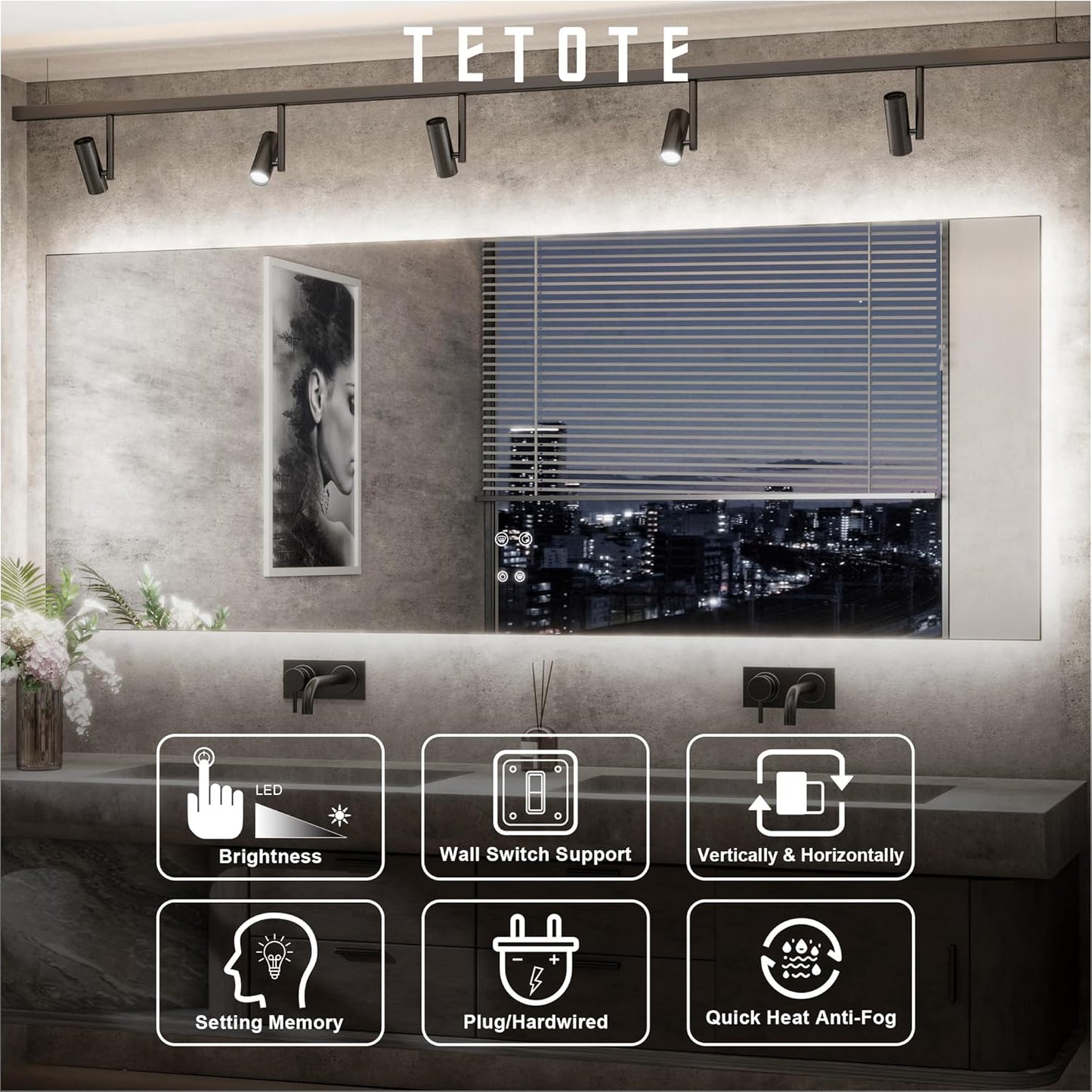 TETOTE 42 x 36 Inch LED Mirror Backlit Bathroom,Anti-Fog Mirror with Light,Dimmable,CRI90+,IP54 Water Proof,Wall Mounted Vanity Lighted,Horizontal/Vertical