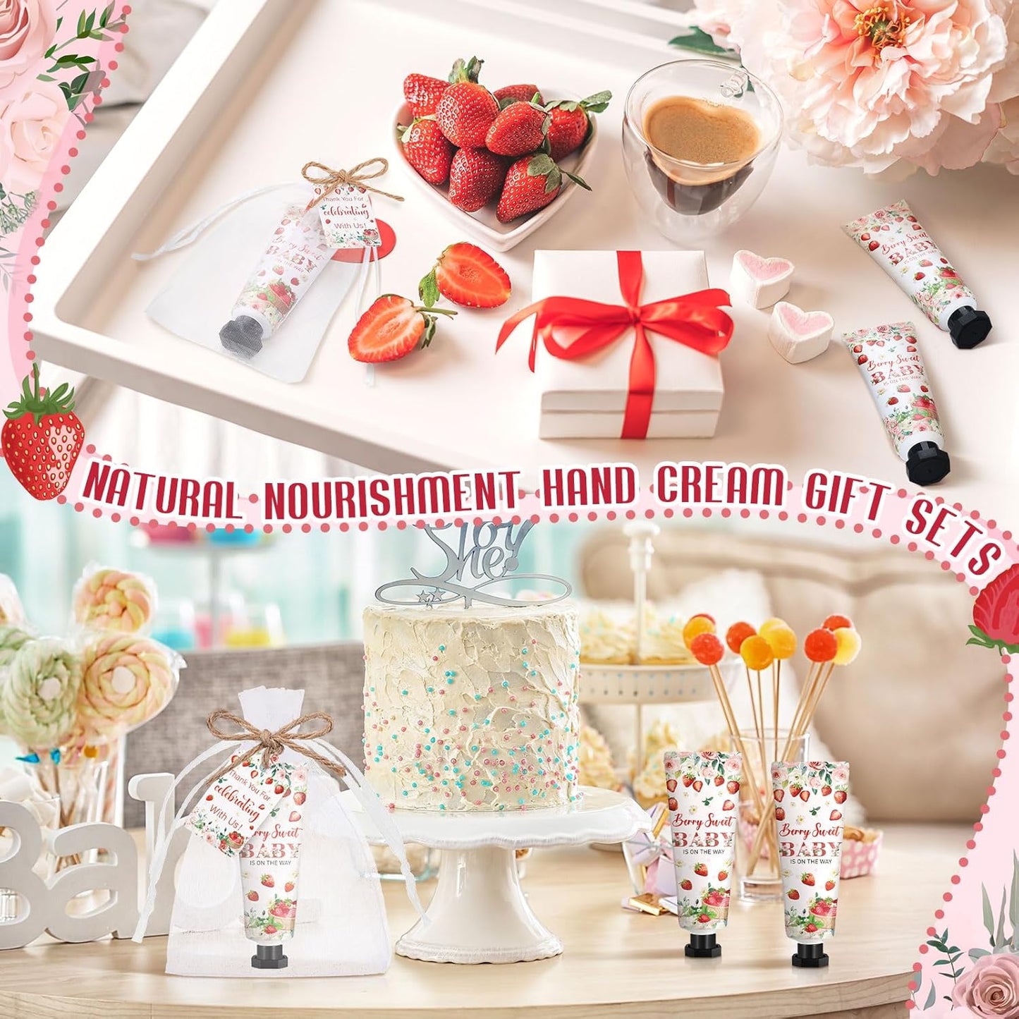 48 Sets Strawberry Hand Cream Gifts Baby Shower Party Hand Cream Favors for Guests Berry Sweet Baby Is on the Way Gift Bulk Travel Size Hand Lotion Set for Guest