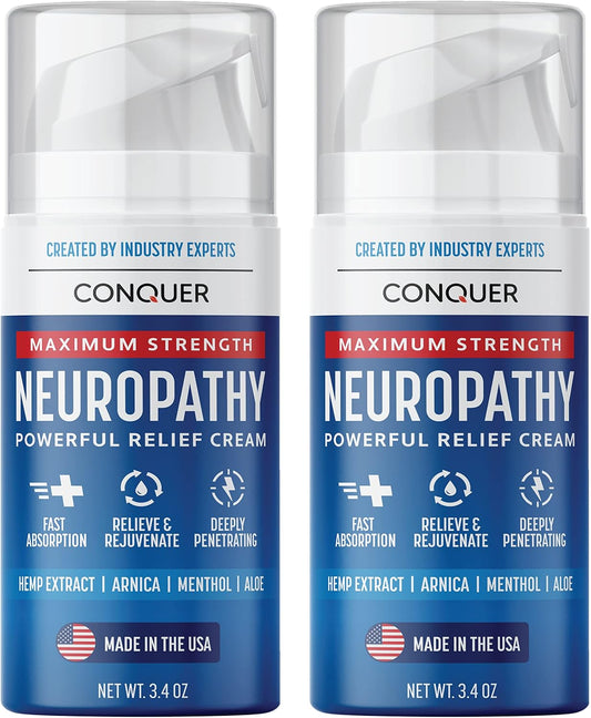 Conquer Neuropathy Cream - Powerful Relief Foot Cream for Neuropathy with Natural Arnica, Aloe Vera, Hemp Extract, Menthol - Maximum Strength Cooling & Soothing - 3.4oz Large Size (Pack of 2)