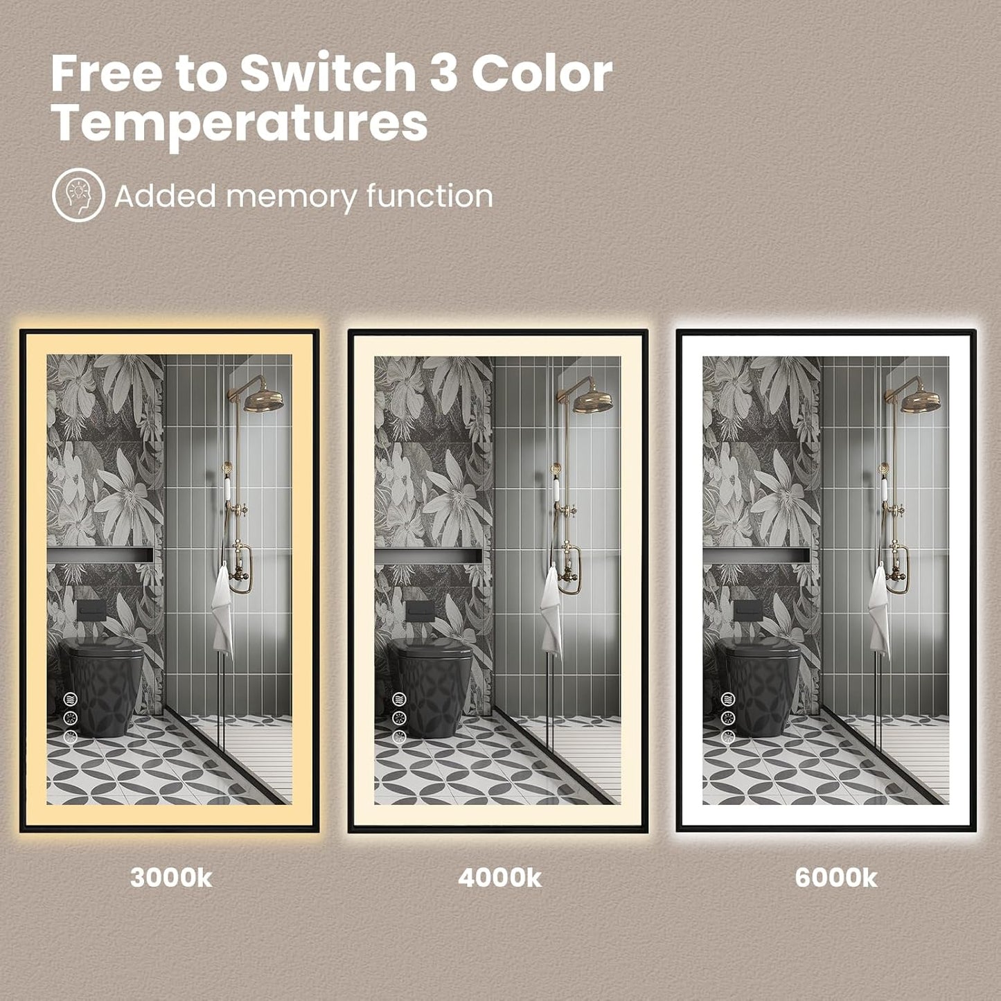 Amorho 24"x 32" LED Bathroom Mirror with Black Frame, Front Light and Backlit(Controlled Separately), Stepless Dimmable, Anti-Fog, Shatter-Proof, 3 Colors, Memory