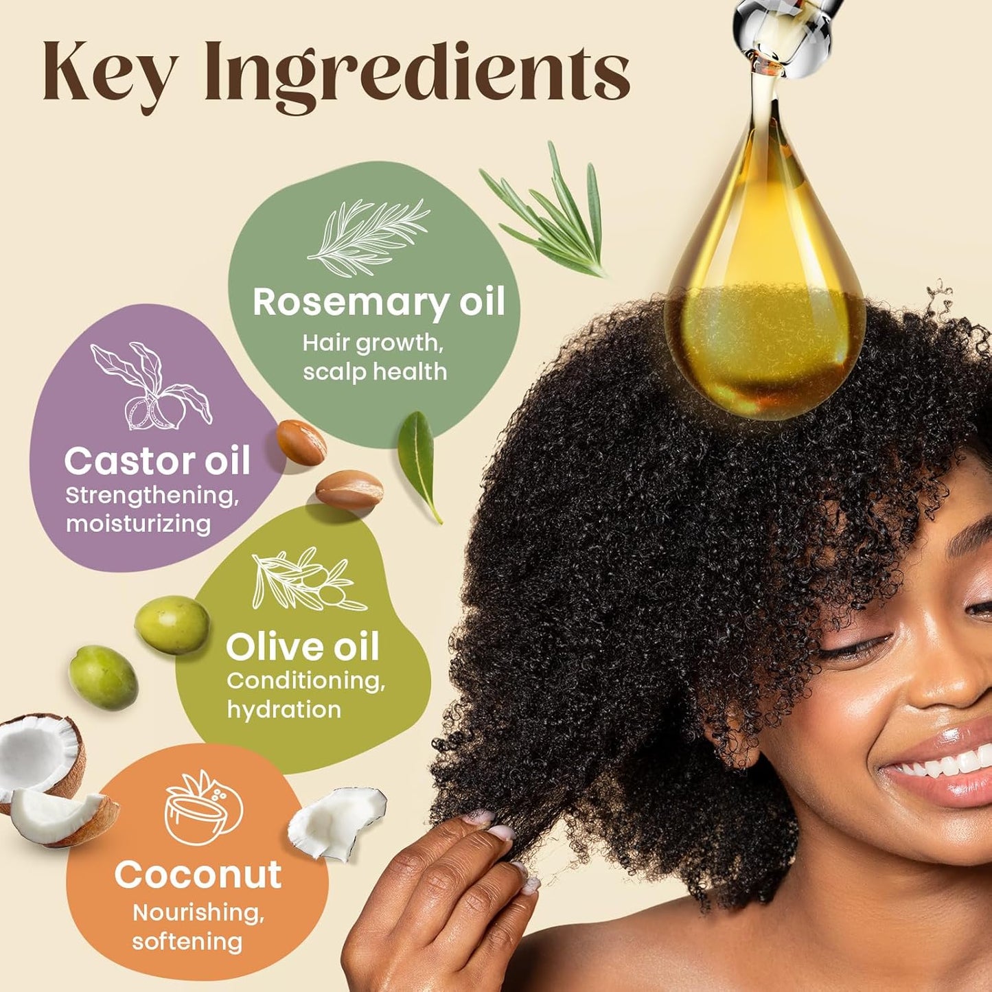 Organic Rosemary & Castor Hair Growth Oil + Scalp Massager Set – Premium Hair Strengthening Oil for Boosting Hair Health, Thickening, Soothing, Moisturizing and Natural Growth – 4.0 oz