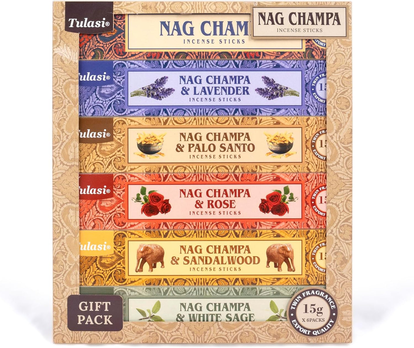 Tulasi Nag Champa Incense Sticks Gift Pack of 6, Hand Rolled Fragrance Incense Sticks for Aromatherapy, Relaxing, Yoga, Meditation, Prayer, Agarbatti Stick with Natural Oils (15gm x 6)