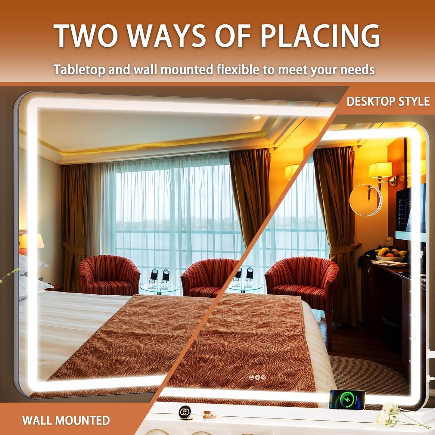 Hasipu Vanity Mirror with Lights, 47.2" x 30" LED Makeup Mirror, Lighted Makeup Mirror with Dimmable 3 Modes, Touch Screen Control Vanity Mirror Round White