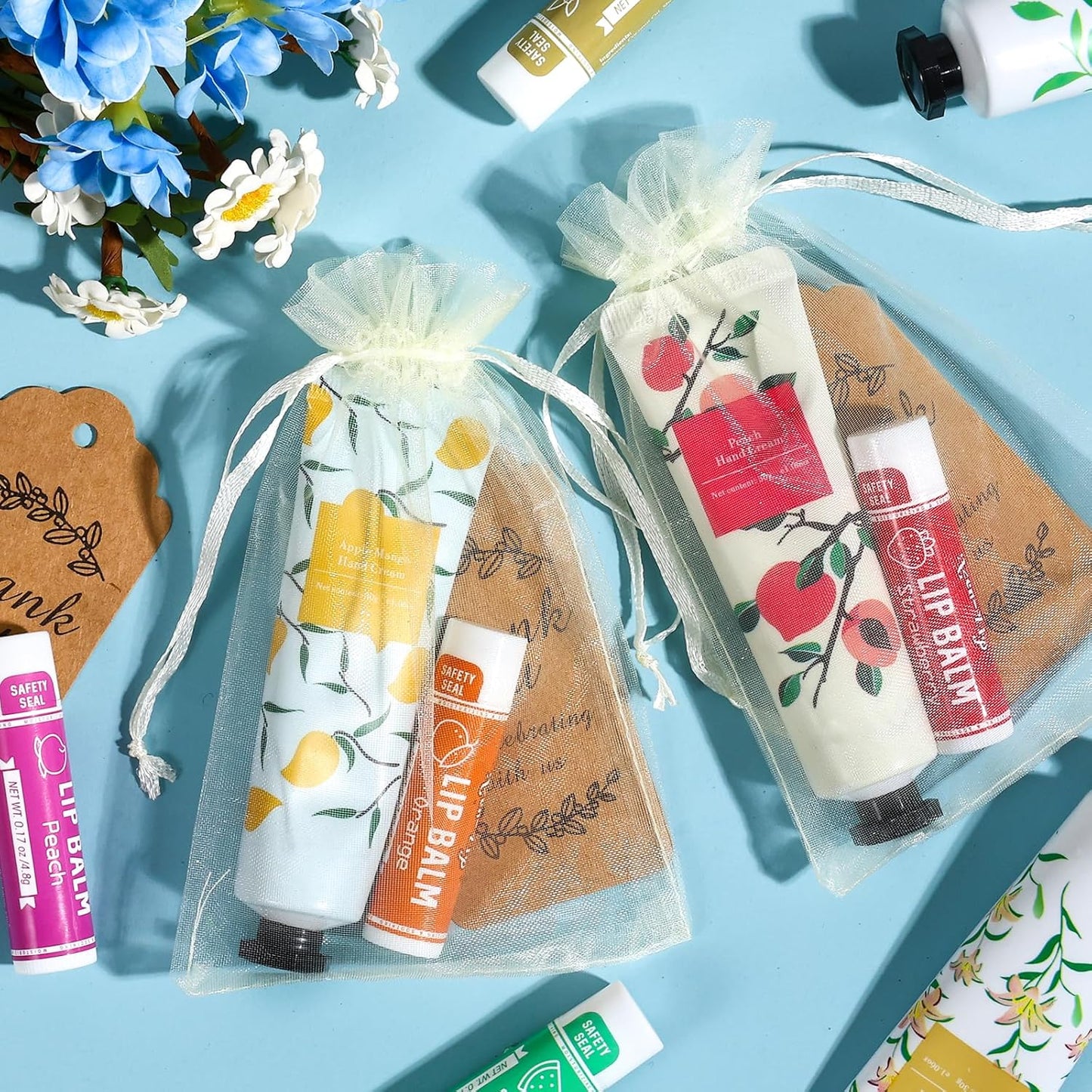 AZEN 60 Sets Bulk Gifts, Hand Cream and Lip Balm Bulk Set with Organza Bag Thank You Card, Baby Shower Wedding Gifts for Guests, Bridal Wedding Favors for Guests,Thank You Gifts for Women