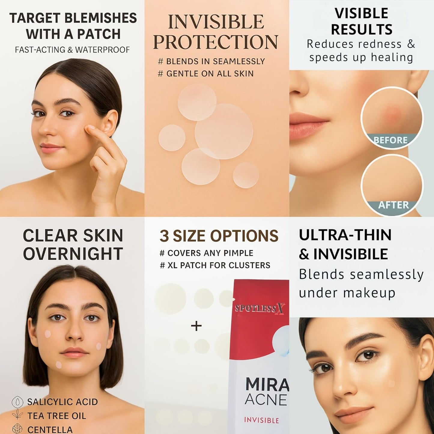 Miracle Patch - Invisible Pimple Patches for Face & Body,Fast-Acting Zit Stickers, Hydrocolloid Acne Treatment with Tea Tree Oil & Salicylic Acid–Waterproof, Hypoallergenic. 96 Counts 3 Sizes