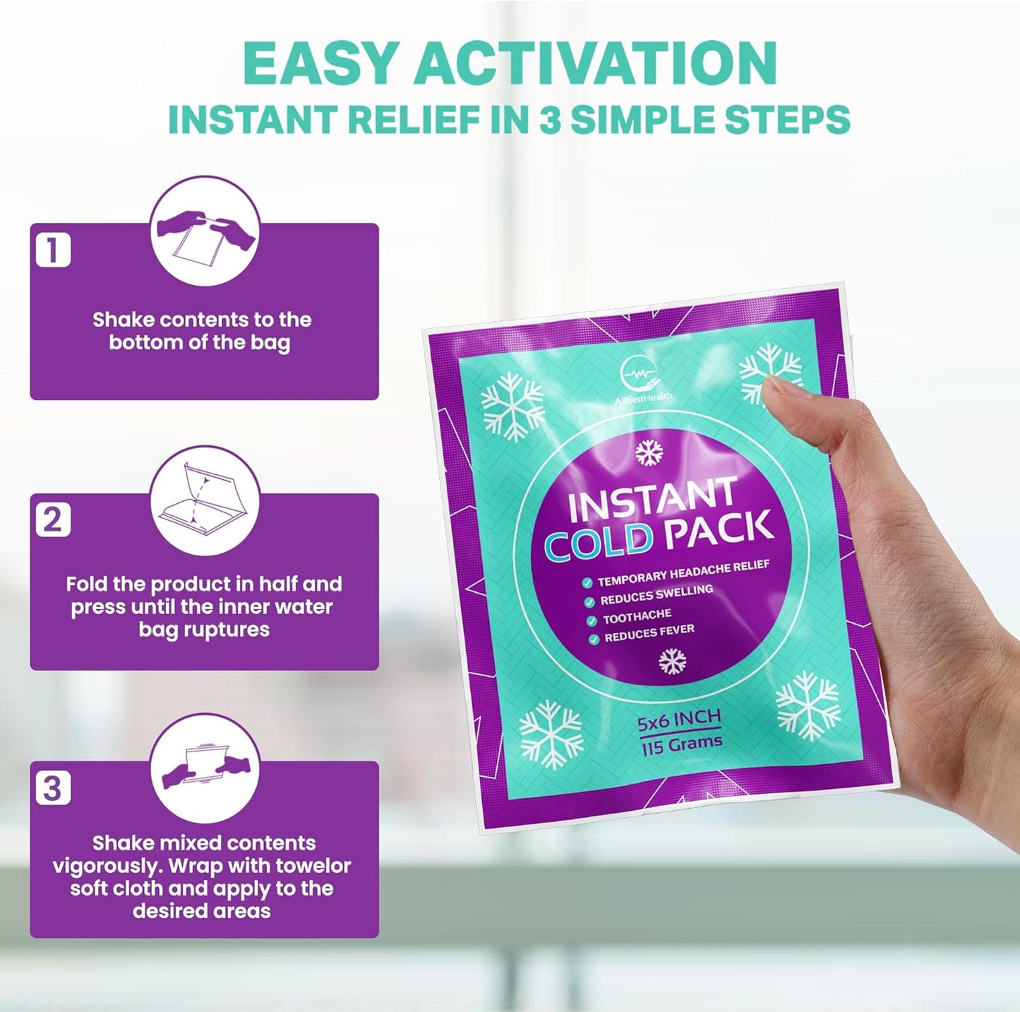 Disposable Instant Ice Cold Packs (6” x 5”) Bulk 50 Pack | Cold Compress Ice Pack for Pain Relief, First Aid & Outdoor