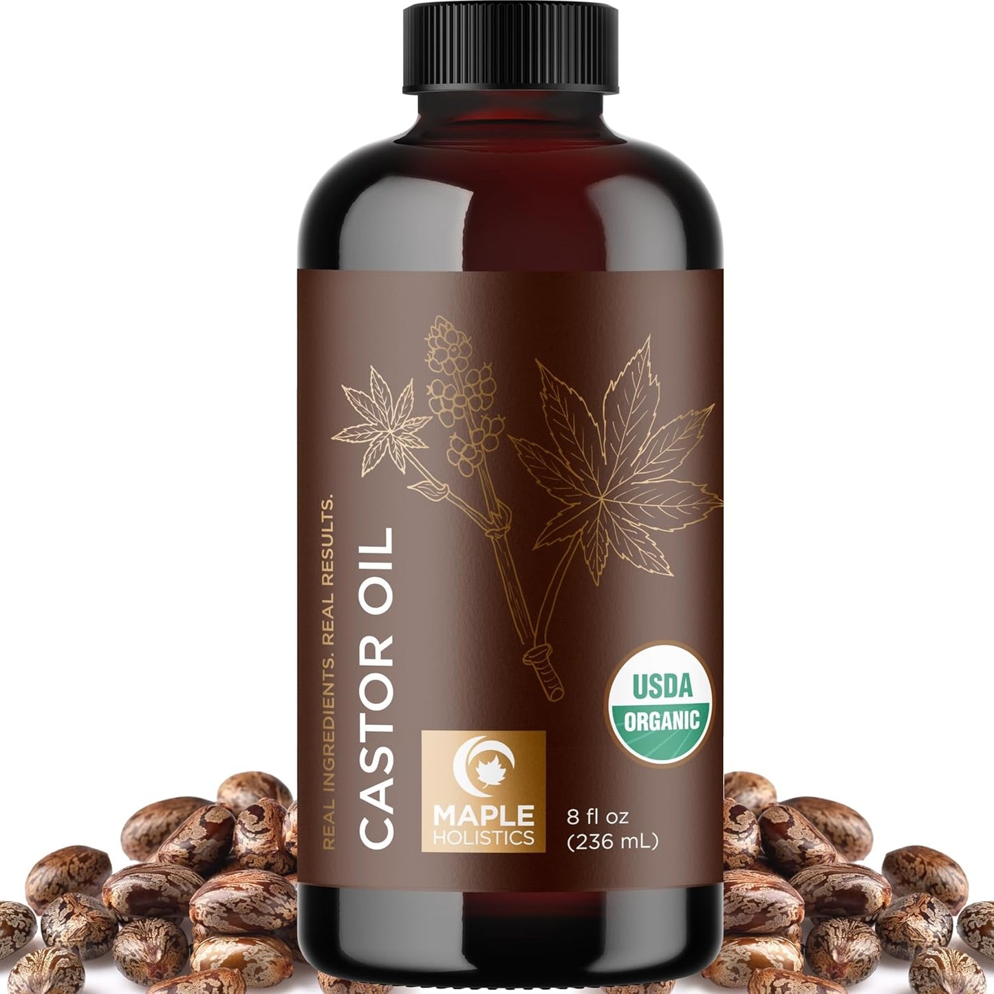 Organic Castor Oil Glass Bottle - 100% Pure Castor Oil Organic Cold Pressed Unrefined Glass Bottle - Extra Virgin Non GMO Hexane Free Cruelty Free Dermatologist Tested and USDA Certified (8 Fl Oz)