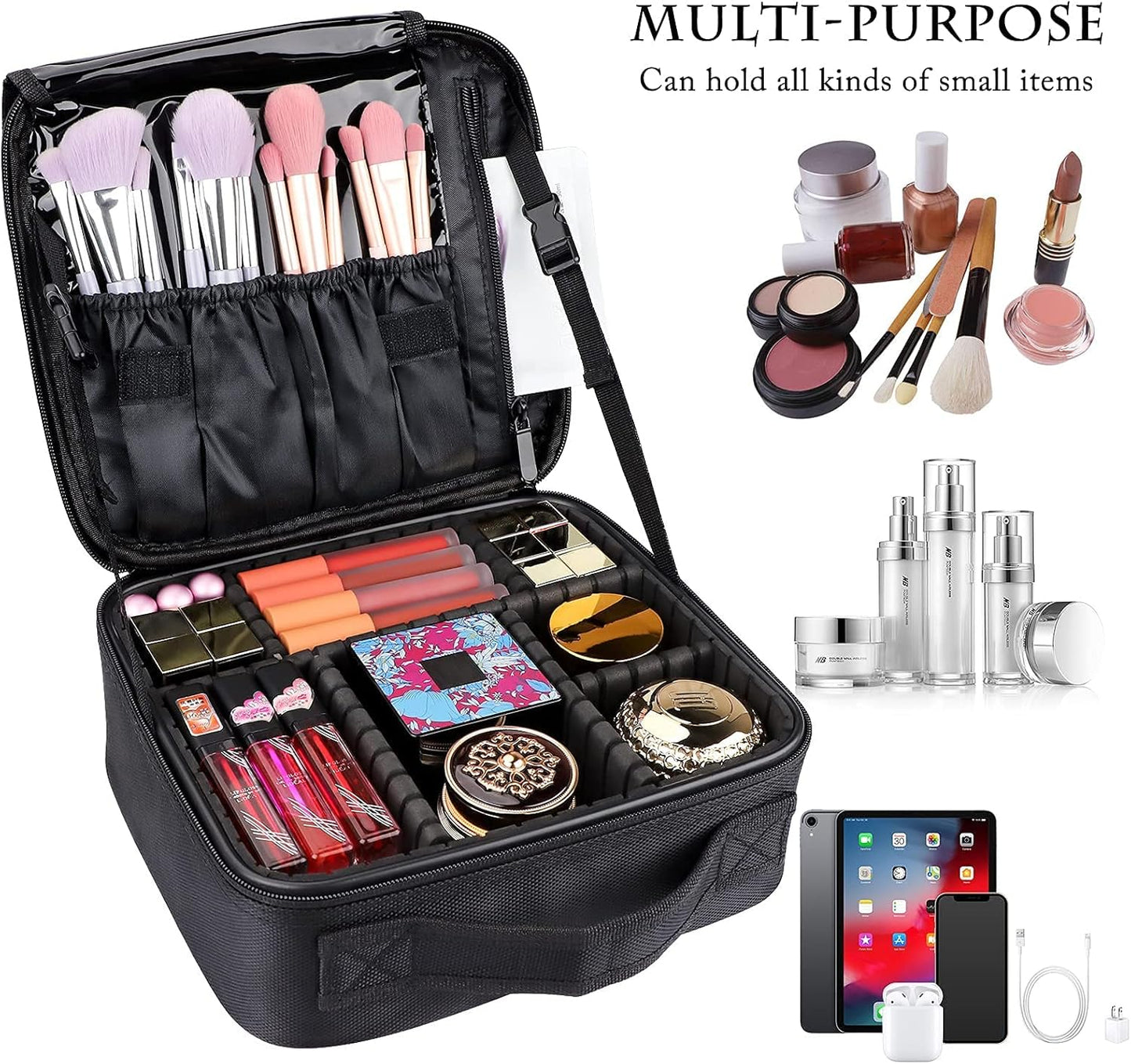 JOURMON Travel Makeup Bag, Large Capacity Cosmetic Train Case for Women Portable Pouch Open Flat Artist Brushes Toiletry Jewelry Digital Organizer Storage Bag with Adjustable Dividers (Black,S)