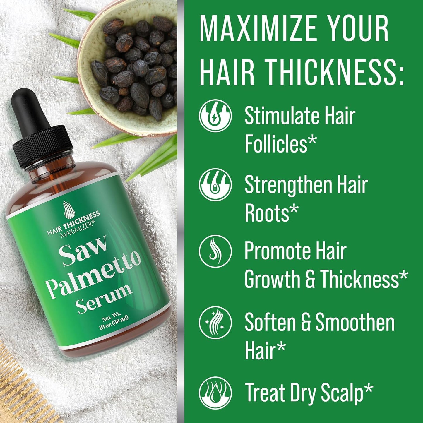 Saw Palmetto Serum for Hair Growth: Rosemary, Peppermint, Pumpkin Seed Oils. Vegan Thickening, Moisturizing, Strengthening Treatment for Women, Men - Weak, Dry, Frizzy Hair - 1oz