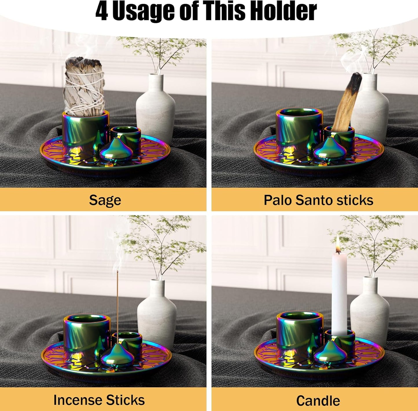Palo Santo Holder - 4 in 1 Incense & Candle Holder - Ceramic Incense Holder Ash Catcher Tray for Meditation Room - Easy to Clean