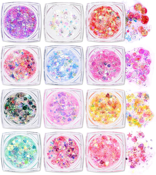 Ownest 12 Colors Holographic Chunky Glitter Gel Set, Christmas Party Makeup Face Body Eye Lips Hair Nail Cosmetic Festival Chunky Glitter Eyeshadow, Mixable, No Need Glue