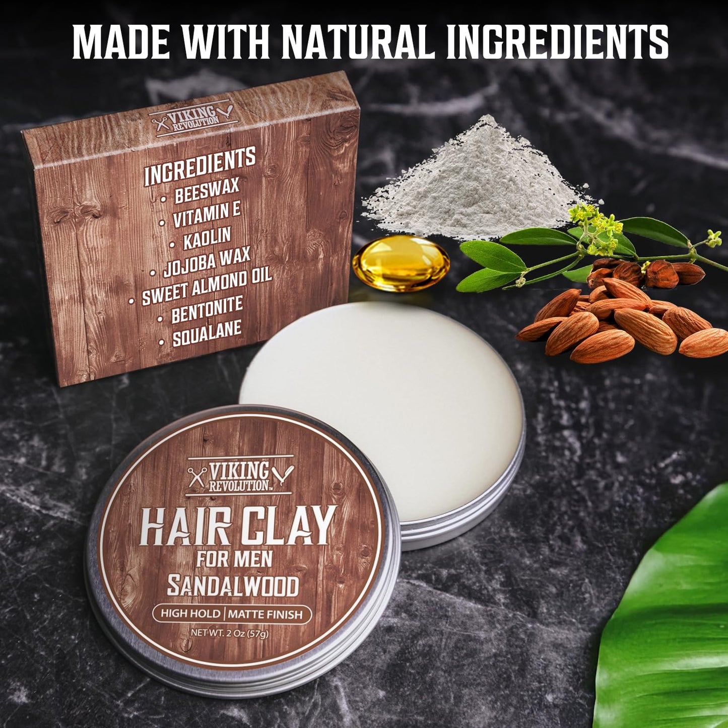 Viking Revolution Sandalwood Hair Clay for Men - Matte Finish Mens Hair Clay - Texturizing Clay Hair Product Men with Jojoba and Vitamin E - Clay Pomade for Men Effortless Hair Styling Cream (2 oz)