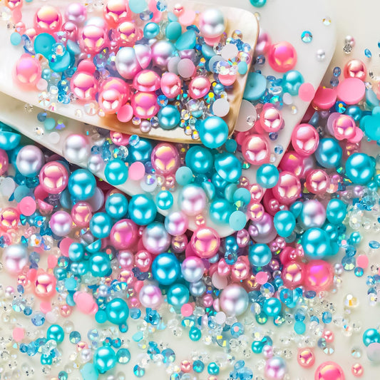60g Cyan Pink Flat Back Pearls Rhinestones for Crafts Mixed Size 3mm-10mm AB Color Round Half Pearls Flatback Pearl Beads and Resin Rhinestones Set for Face Art with Gel