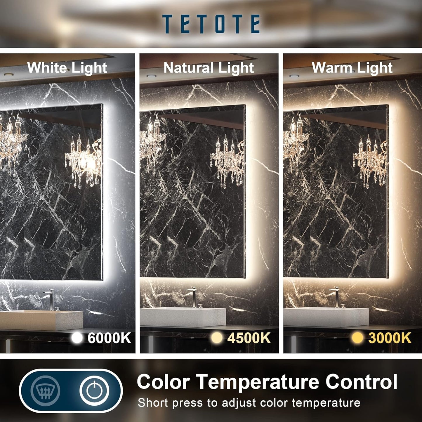 TETOTE 48 x 24 LED Backlit Bathroom Mirror with Light,3Color White/Warm/Natural,Anti-Fog Lighted Mirror,Dimmable,Vanity Mirror,Wall Mounted