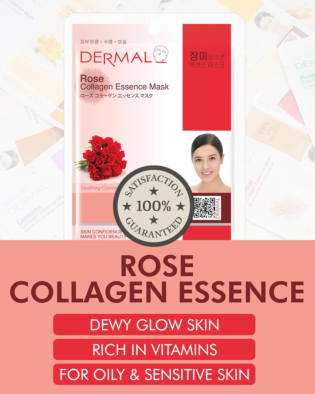 DERMAL Rose Collagen Essence Korean Facial Mask Sheet Pack of 10 - Reviving Tired Skin, Soothing & Hydrating - Hypoallergenic Skin Friendly Sheet