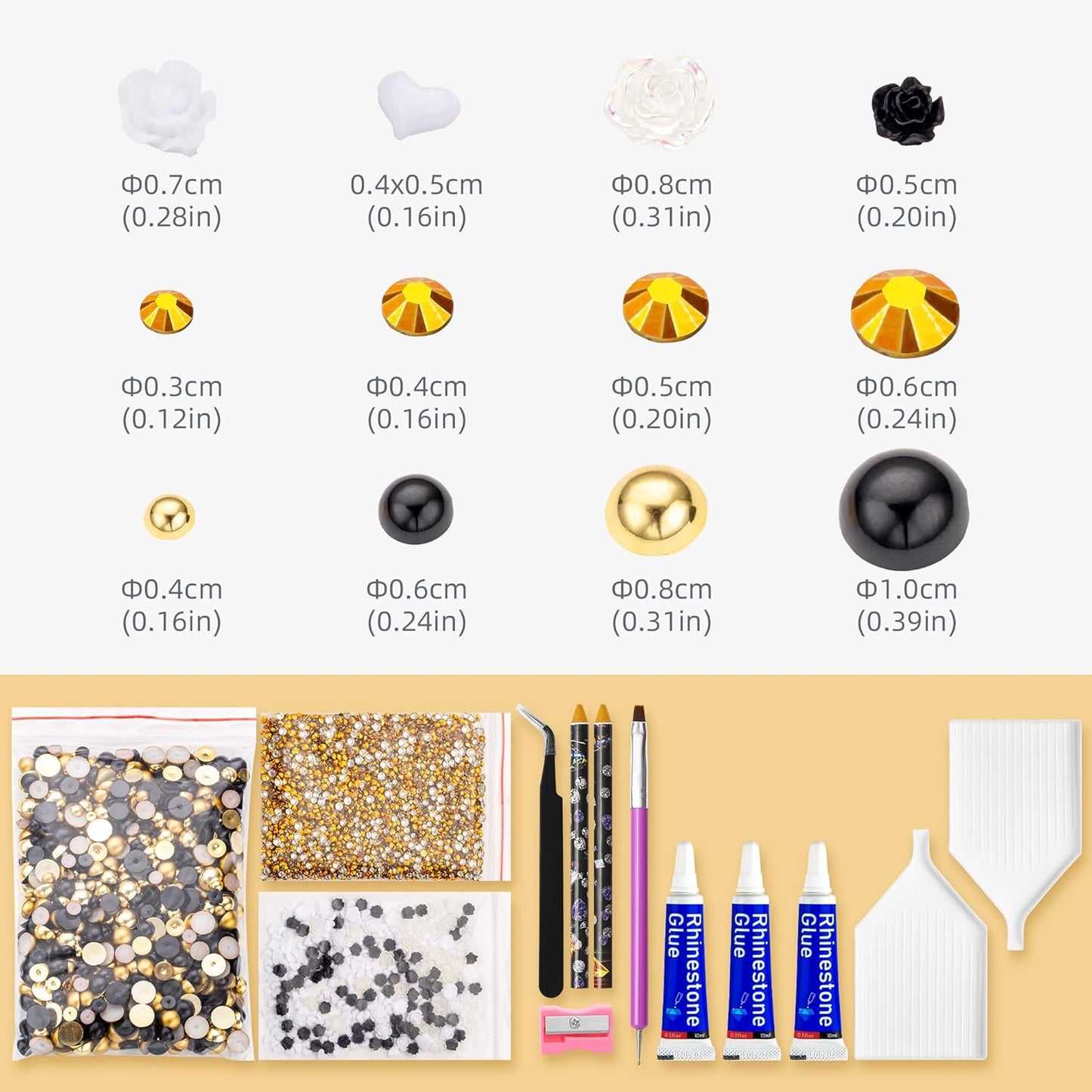 160g Gold Black Flatback Pearls Rhinestones with Gel for Crafts Mixed Size 3mm-10mm AB Color Round Half Pearls Flatback Pearl Beads and Resin Rhinestones Set for Face Art