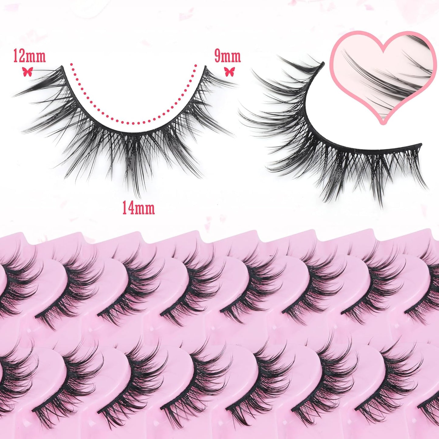 FANXITON Manga Lashes Wispy Natural Look Faux Eyelashes 10 Pairs Asian 3D False Eyelashes 14 mm Cat Eye Lashes Pack