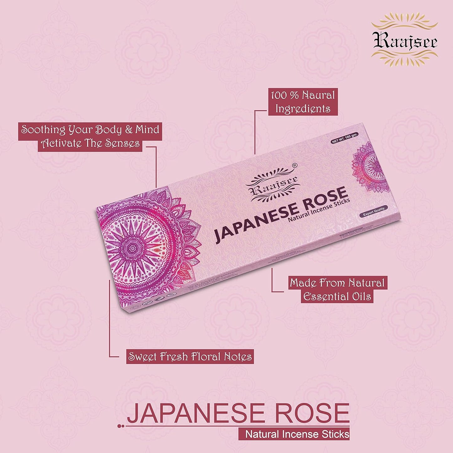 Raajsee Japanese Rose Incense Sticks 100 Gm Pack-100% Pure Organic Natural Hand Rolled Free from Chemicals-for Church,Aromatherapy,Relaxation,Meditation & Sensual Therapy