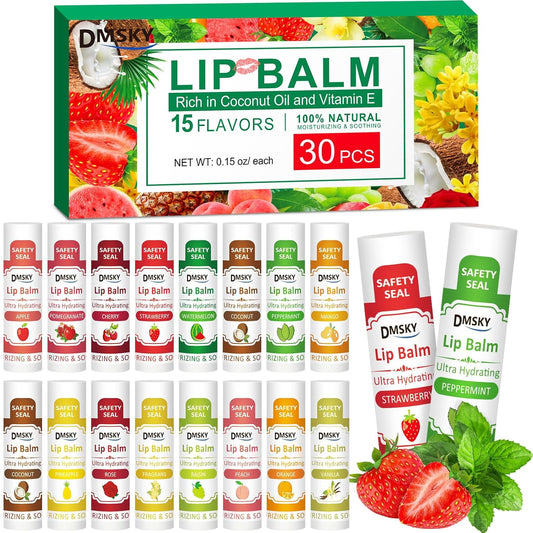 DMSKY 30 Pack Lip Balm, Natural Lip Balm Bulk with Vitamin E and Coconut Oil, Moisturizing Soothing Chapped Lips-15 Flavors