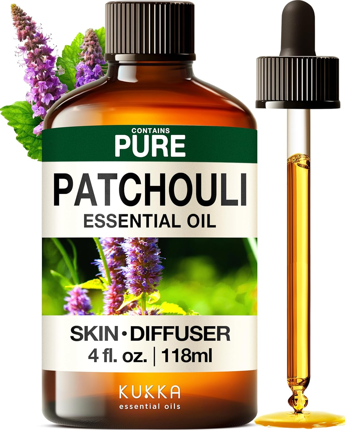 Kukka Patchouli Essential Oil for Skin & Diffuser - 4 Fl Oz - Patchouli Oil, Captivating Scent for Body Perfumes, Aromatherapy, DIY Soap Making Scents