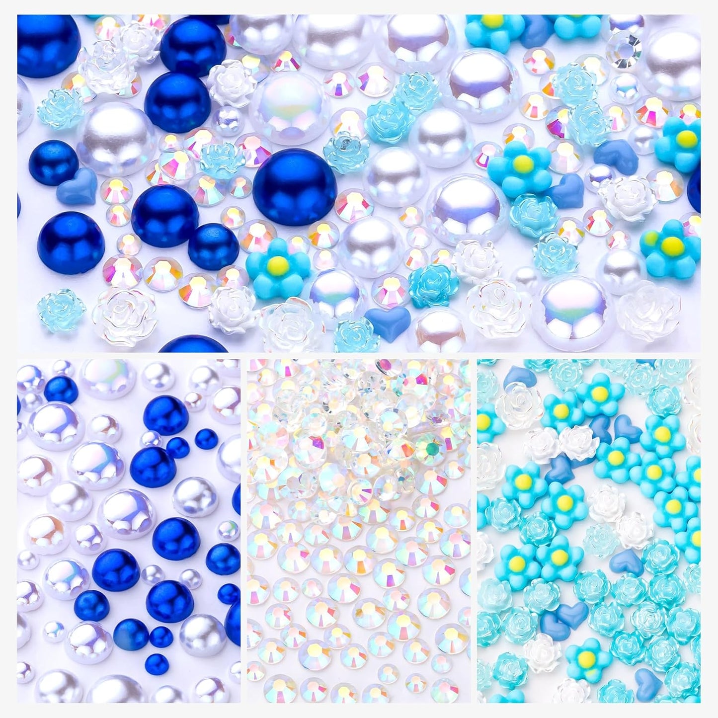 160g Blue White Flat Back Pearls Rhinestones with Gel for Crafts Mixed Size 3mm-10mm AB Color Round Half Pearls Flatback Pearl Beads and Resin Rhinestones Set for Face Art