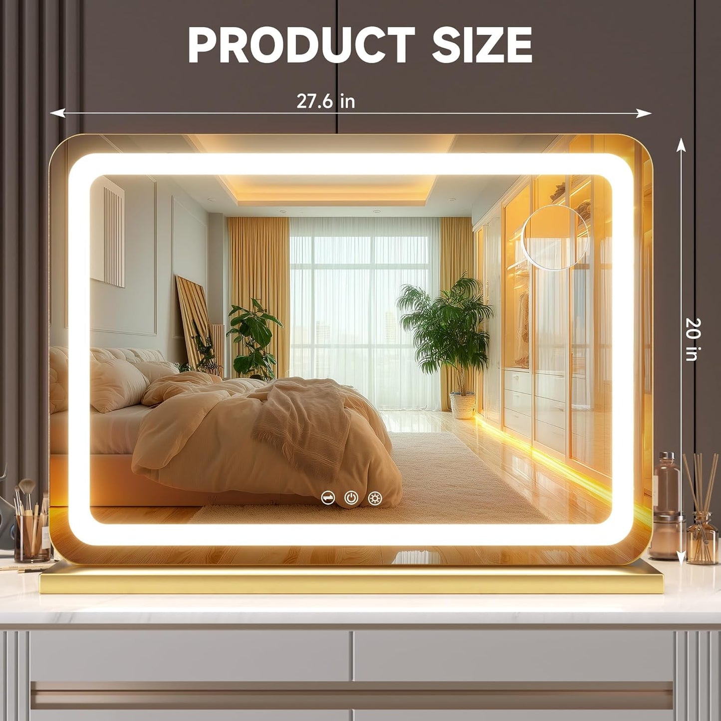 Hasipu Vanity Mirror with Lights, 27.6" x 20" LED Makeup Mirror, Lighted Makeup Mirror with Dimmable 3 Modes, Touch Screen Control Vanity Mirror Round Gold