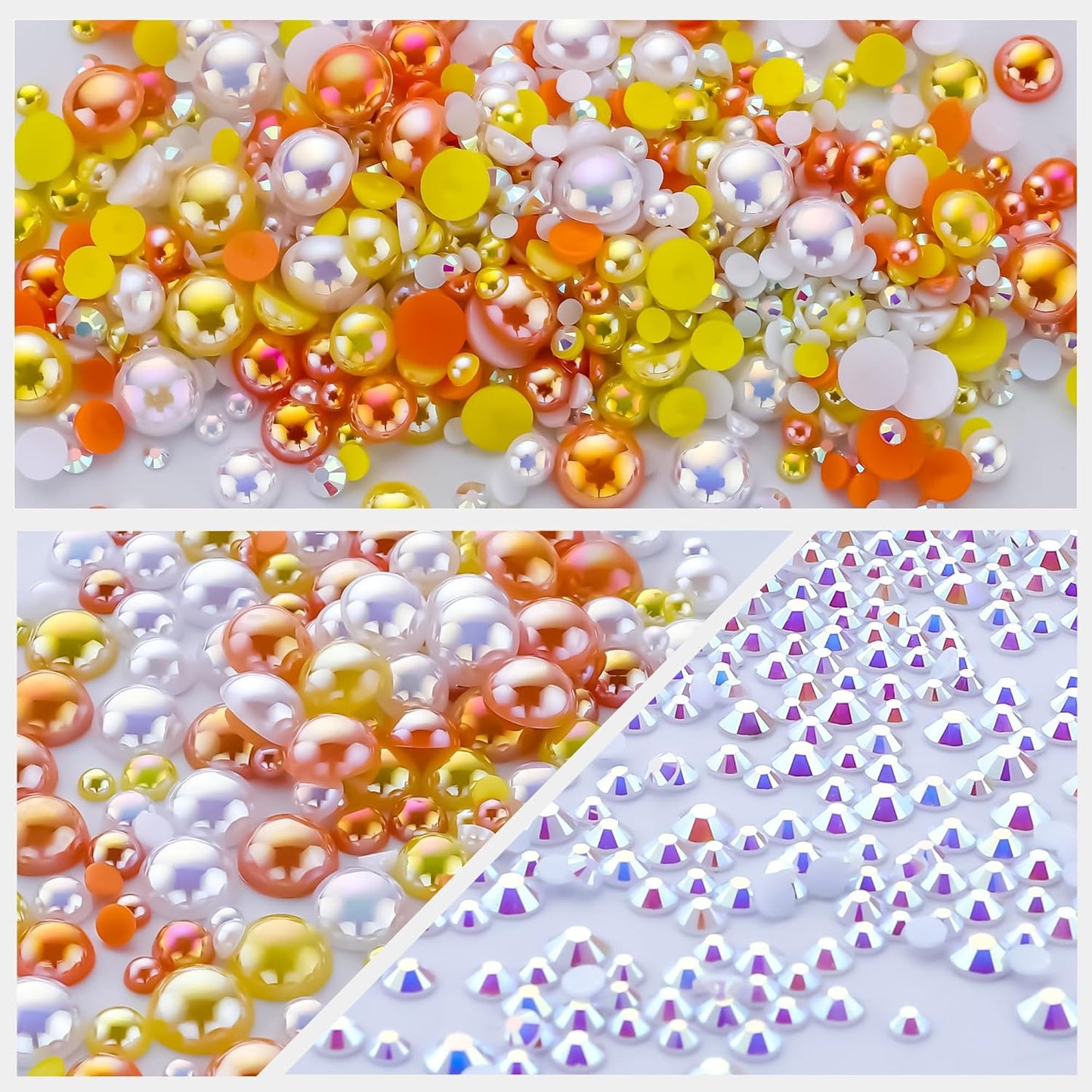 60g Orange Citrine Pearls Rhinestones for Crafts Mixed Size 3mm-10mm AB Color Round Half Pearls Flatback Pearl Beads and Resin Rhinestones Set for Face Art with Glue