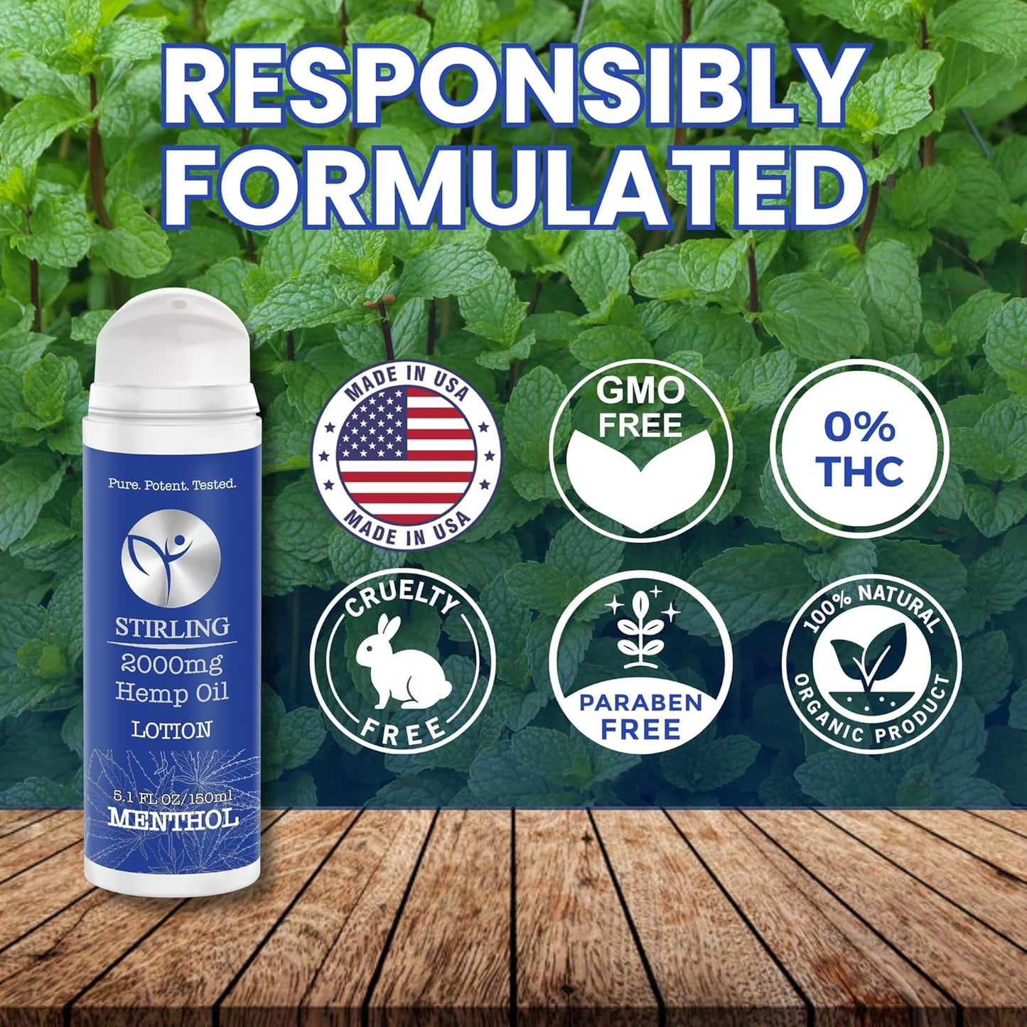 STIRLING Menthol Lotion + Hemp Oil – Maximum strength relief with cooling menthol and 100% pure hemp oil to soothe joints, relax muscles, and hydrate with aloe vera. 5 fl oz. (2000mg, Menthol)