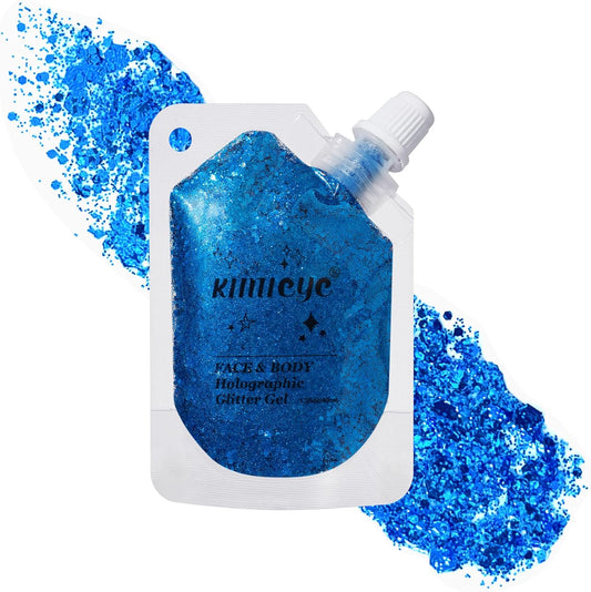 Holographic Face Glitter Gel Body Shimmer Makeup for for Hair, Face, Clavicle, Arm, Nail, Eyeshadow, Long Lasting Waterproof Mermaid Sequins Party Glitter for Rave Festival, 1.35oz (Royal Blue #15)