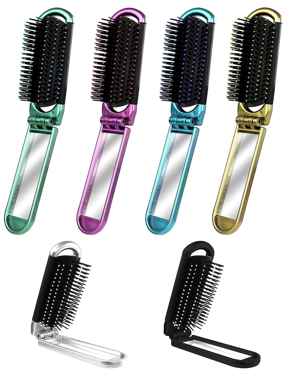6 PCS Folding Travel Hairbrush Set with Compact Mirror for Women - Mini Pocket Brush with Mirror for Purse and Girls