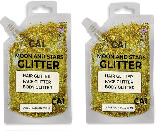 Face, Body & Hair Glitter Gel – Halloween Glitter for Kids and Women – 3 Oz Cosmetic-Grade Gel w/Moon & Stars for Festivals & Halloween Party, Easy Apply & Wash Off - Gold 2Pack
