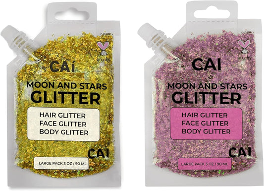 Face, Body & Hair Glitter Gel – Halloween Glitter for Kids and Women – 3 Oz Cosmetic-Grade Gel w/Moon & Stars for Festivals & Halloween Party, Easy Apply & Wash Off - Rose/Gold 2Pack