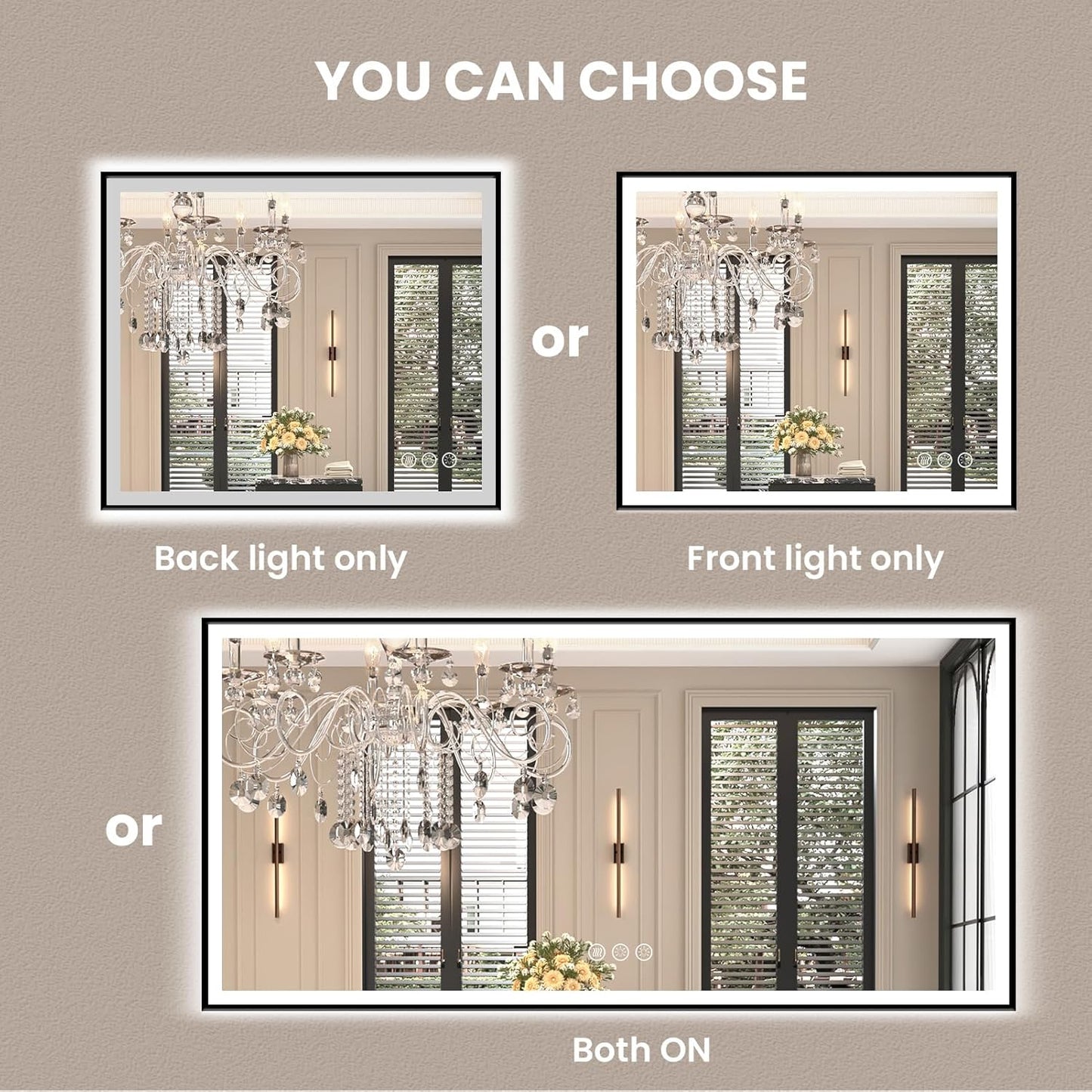 Amorho 36"x 32" LED Bathroom Mirror with Black Frame, Front Light and Backlit(Controlled Separately), Stepless Dimmable, Anti-Fog, Shatter-Proof, 3 Colors, Memory