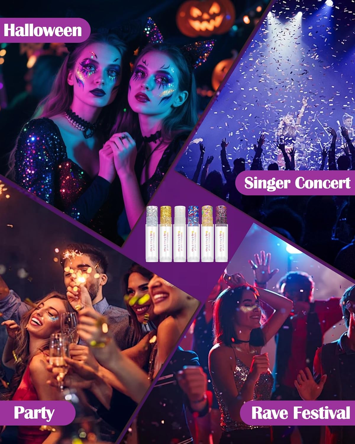 Body Glitter Stick, Waterproof Long Lasting Sparkling Face Shimmer Makeup, Singer Concerts Disco Music Halloween Festival Rave Accessories, Holographic Chunky Sequins Hair Stick,Gift for Women girl-02