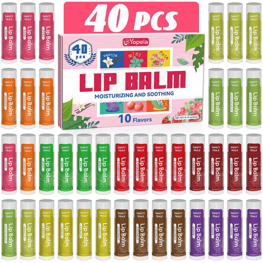 40 Pack Natural Lip Balm Bulk with Vitamin E and Coconut Oil - Moisturizing Dry Cracked Lips, Mini Chap Stick Gifts for Kids Women Men- 10 Flavors - Non-GMO