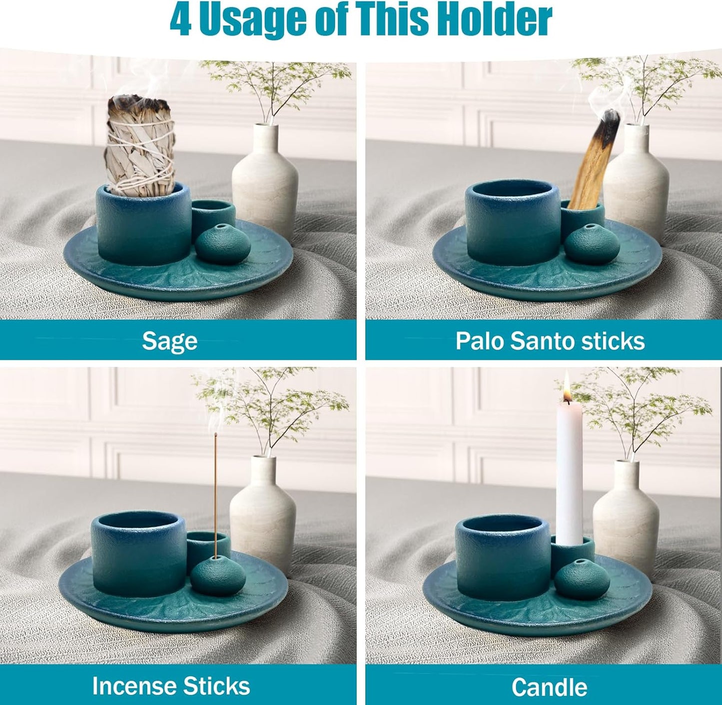 Palo Santo Holder - 4 in 1 Incense & Candle Holder - Ceramic Incense Holder Ash Catcher Tray for Meditation Room - Easy to Clean (Blue)