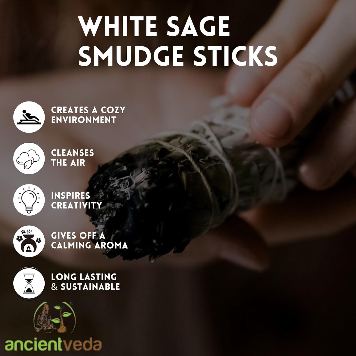 Ancient Veda Joy Organic White Sage Smudge Sticks with Flowers for Cleansing Home, Meditation, Yoga, Healing and Smudging | Sustainably Sourced California White Sage Bundles (1 Pack - 9 Inch)