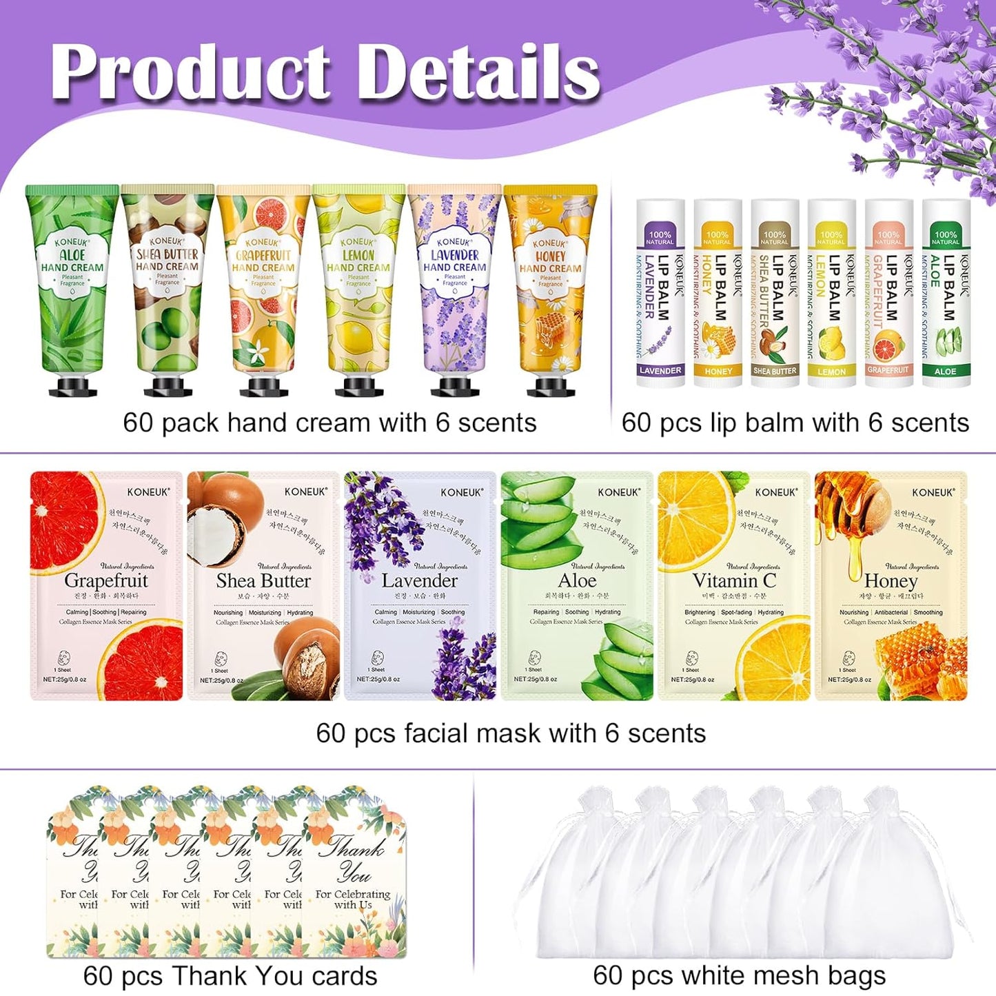60 Pack Bulk Lip Balm, Facial Mask and Hand Cream Sets, Bridal Shower Favors, Thank You Gifts and Bridesmaid Gifts for Guests, Birthday Gifts, Adult Party Favors and Small Gifts for Women