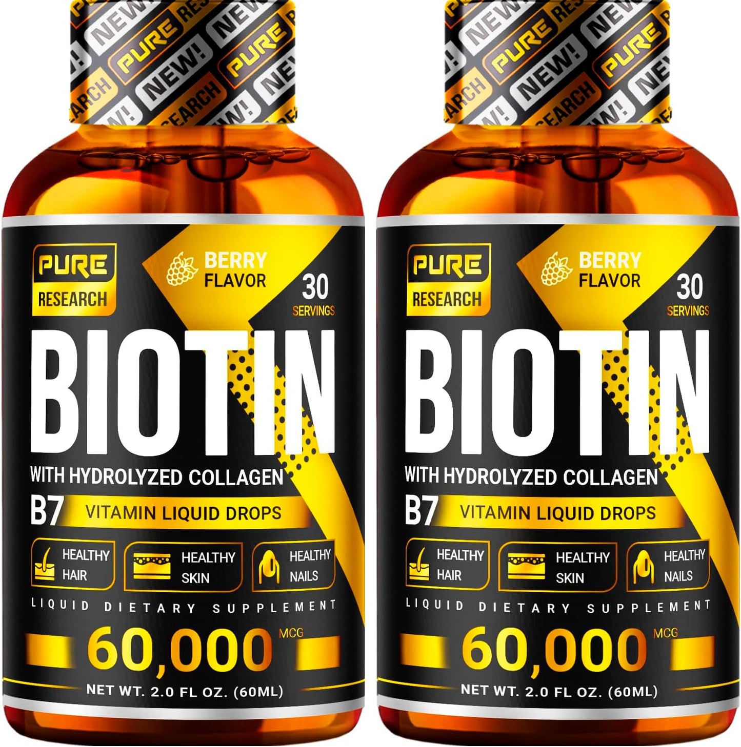 PURE RESEARCH Biotin & Collagen 60,000mcg Hair Growth Liquid Drops, Supports: Strong Nails, Glowing Skin, Healthy Hair Growth, More Absorption Than Capsules & Pills (4Fl Oz)