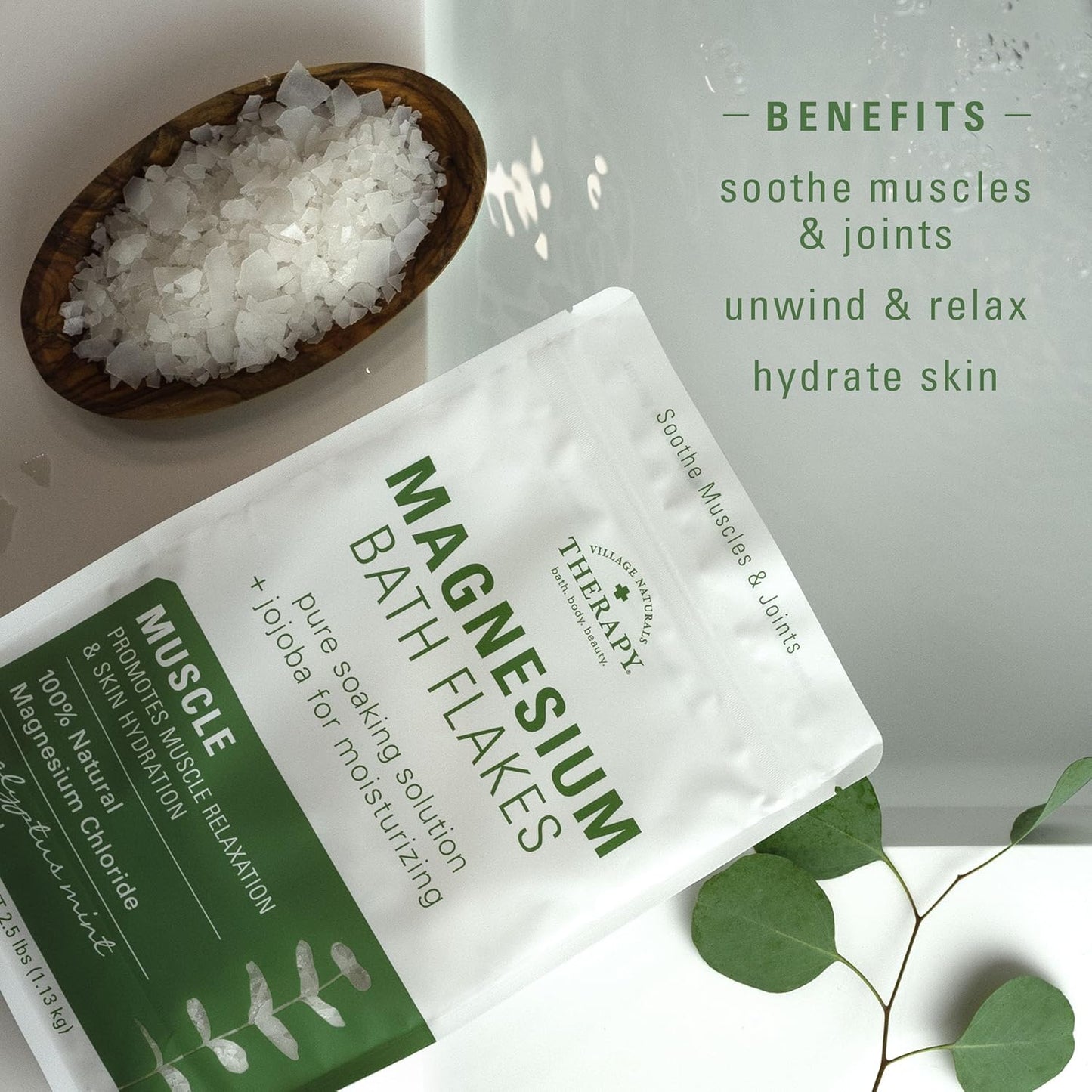 Village Naturals Therapy Muscle Magnesium Bath Flakes, Eucalyptus, Mint & Menthol Scent, 2.5 lbs
