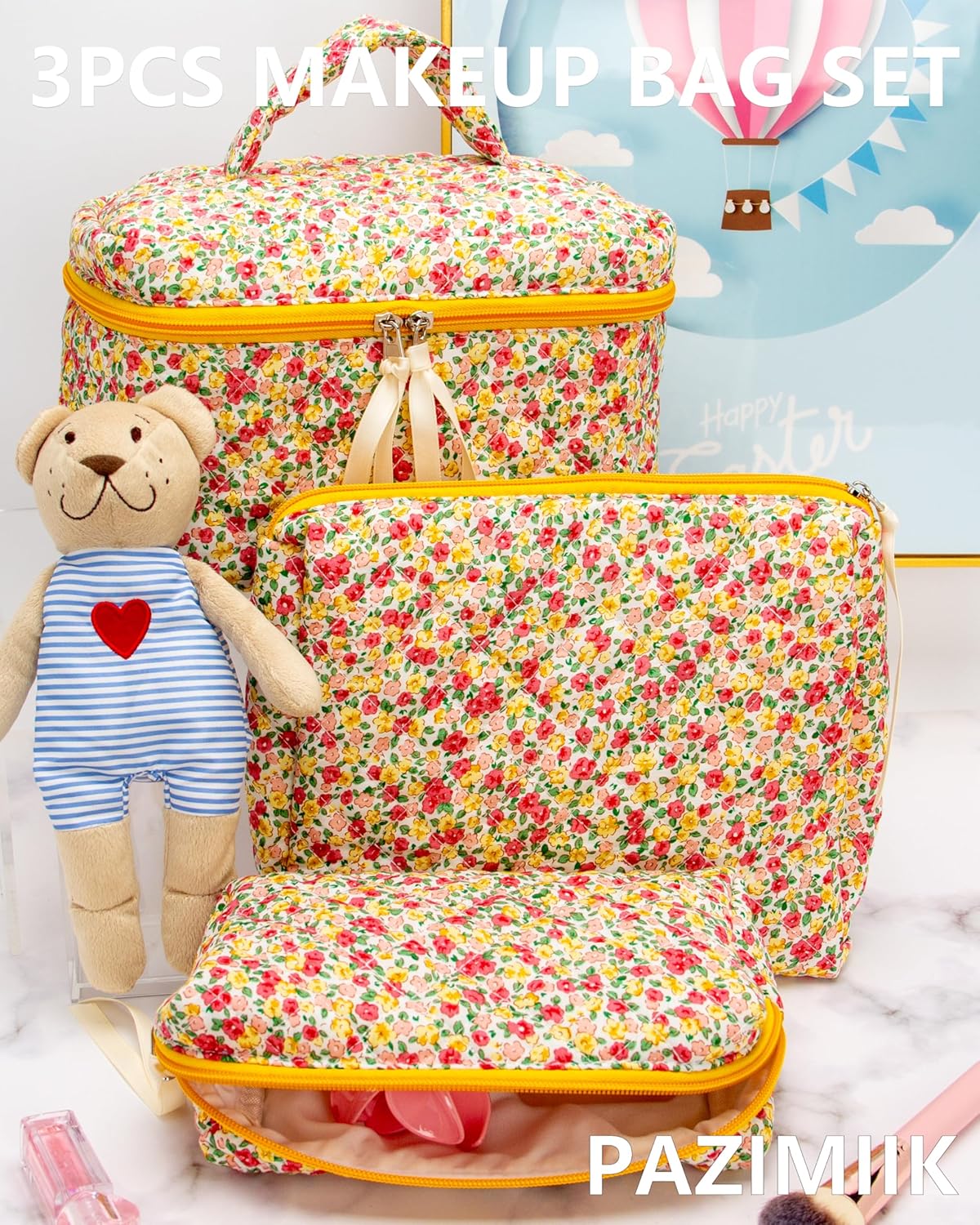 PAZIMIIK 3PCS Makeup Bag SET Large Travel Quilted Zipper Soft Cosmetic Case Pouch for Women Girls Make Up,Little Flower