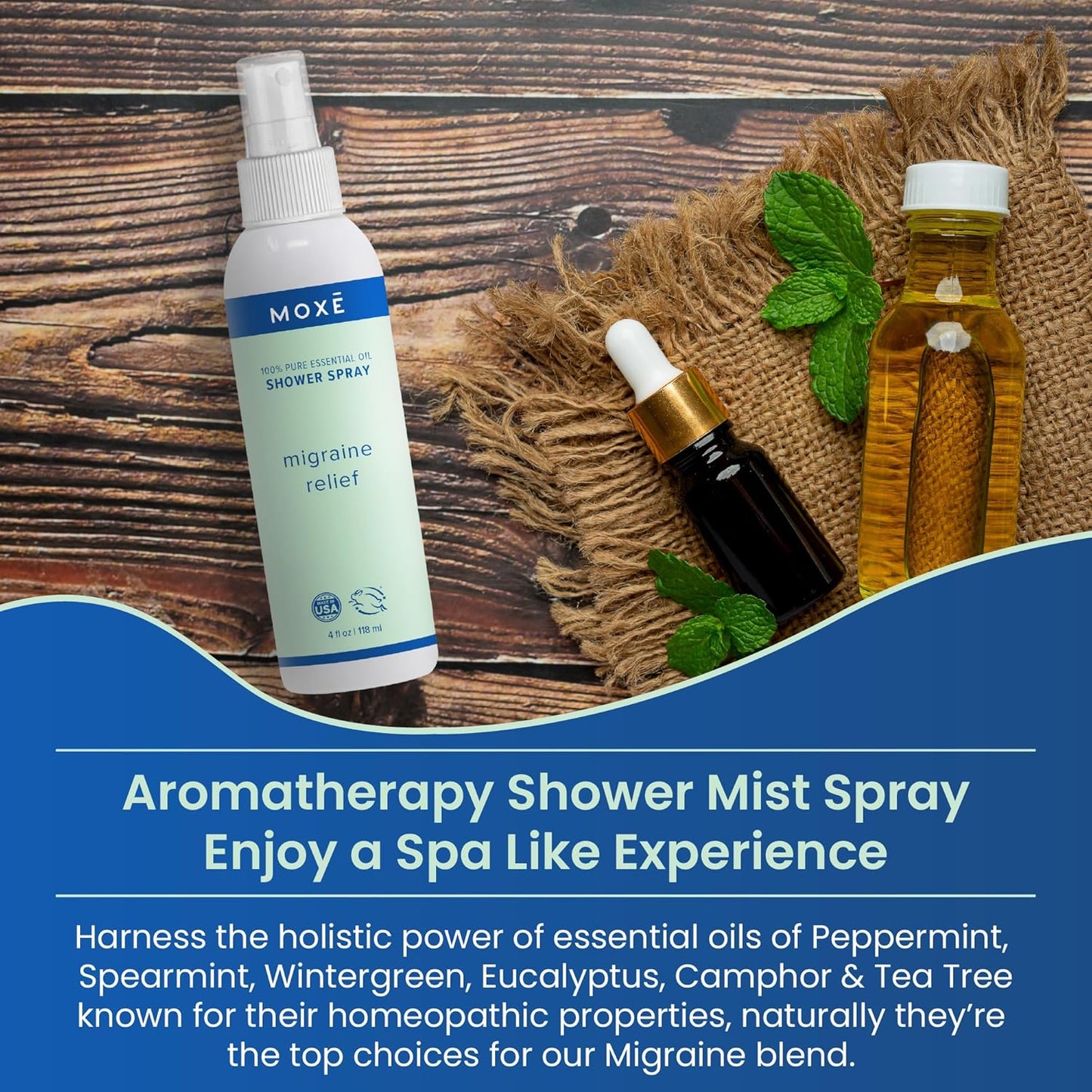 MOXE Migraine Relief Aromatherapy Shower Spray, Essential Oils for Headaches & Tension Relief, Natural 100% Essential Oils, Pure & Undiluted, Peppermint, Spearmint, Eucalyptus, Tea Tree, Made in USA …