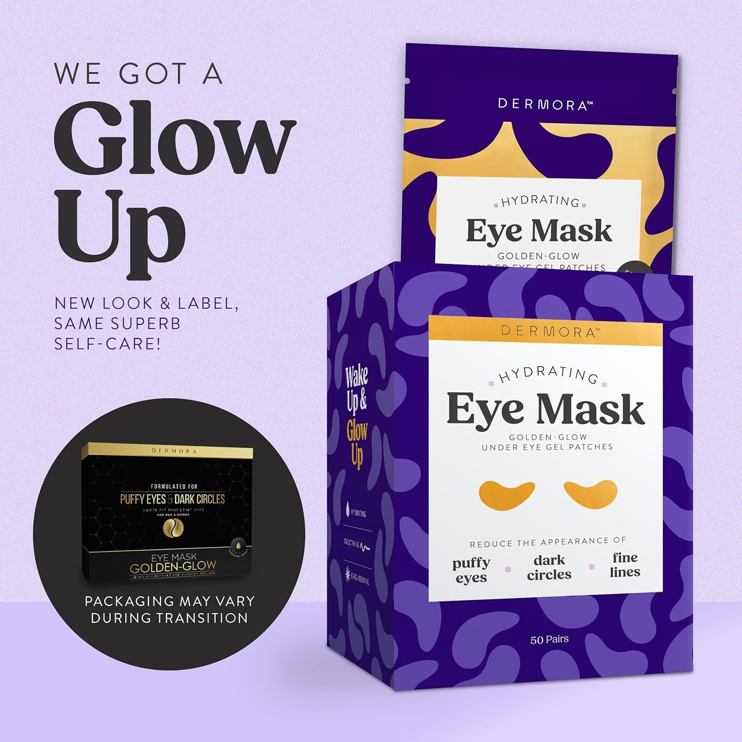 DERMORA Golden Glow Under Eye Patches | Rejuvenating Treatment | Dark Circles, Puffy Eyes, Refreshing, Revitalizing, Travel, Wrinkles | 50 Pairs Eye Gels