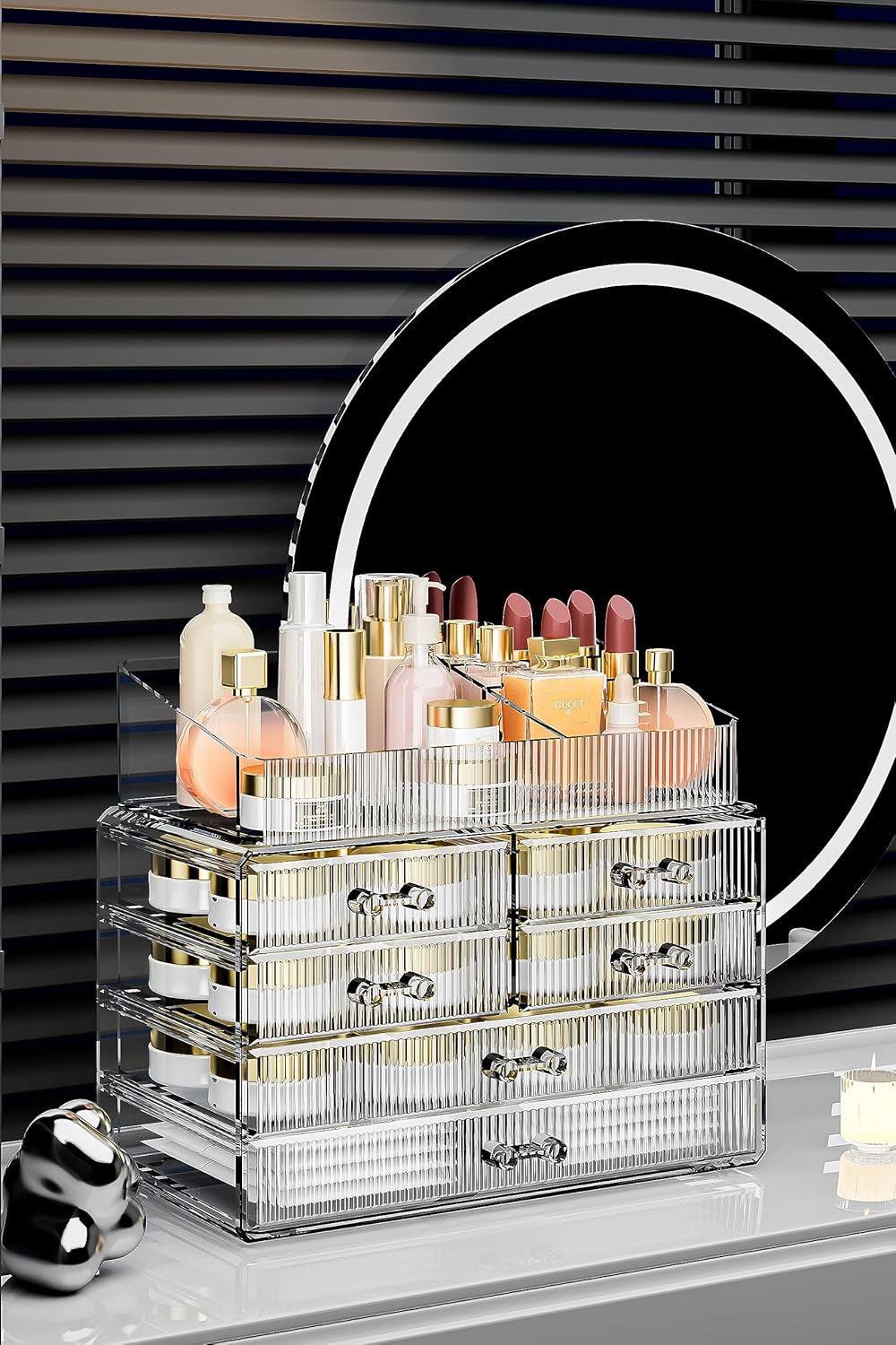 ZHIAI Stackable Storage Drawers, Acrylic Bathroom Counter Organizer Clear Makeup Organizers for Vanity, Kitchen Cabinets, Bathroom, Undersink, Home Organization and Storage (1 Top 6 Drawers)