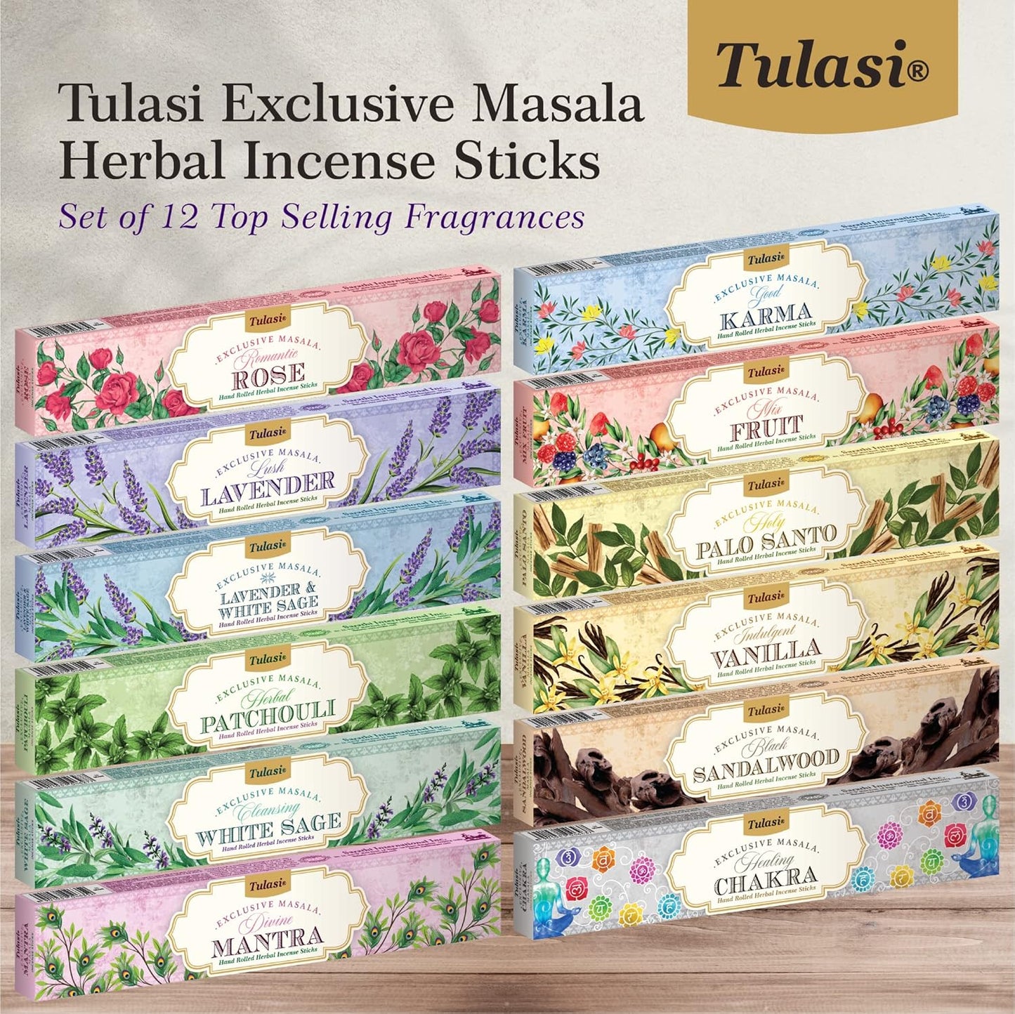Tulasi Incense Sticks Set of 12 Scents (180 Sticks) Variety Natural Fragrances - Lavender, White Sage, Patchouli, Rose, Chakra, Mantra, Sandalwood, Palo Santo, Fruit for Meditation & Positive Vibes